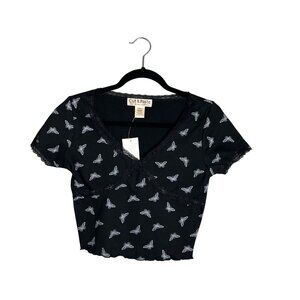 Cut & Paste Y2K V-Neck Butterfly Baby‎ Tee Lace Babydoll Fairygoth Whimsygoth XS